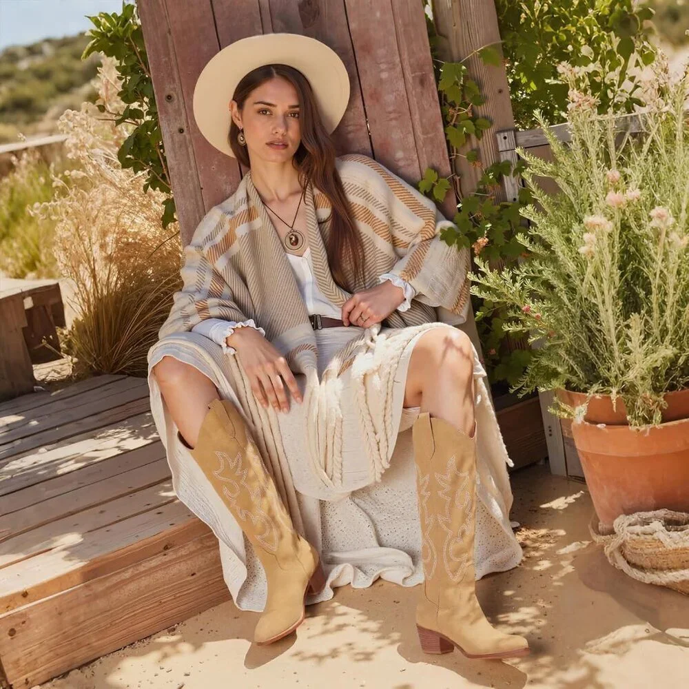 Women Camel Polyurethane Embroidered Chunky Stacked Heel Knee High Western Boots